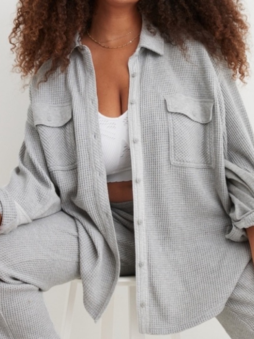Aerie Lumberjane Waffle Knit Top Size XL Oversized Gray Thermal Button Up